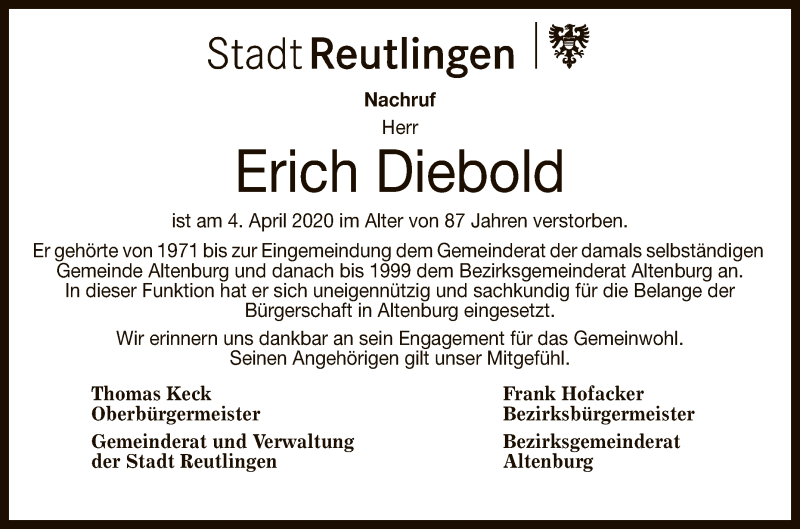  Traueranzeige für Erich Diebold vom 08.04.2020 aus Reutlinger General-Anzeiger