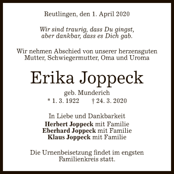 Anzeige von Erika Joppeck von Reutlinger General-Anzeiger