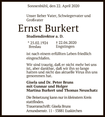 Anzeige von Ernst Burkert von Reutlinger General-Anzeiger