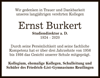 Anzeige von Ernst Burkert von Reutlinger General-Anzeiger