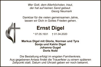 Anzeige von Ernst Digel von Reutlinger General-Anzeiger