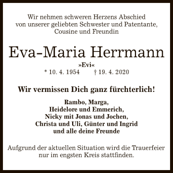 Anzeige von Eva-Maria Herrmann von Reutlinger General-Anzeiger