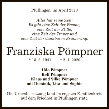 Anzeige von Franziska Pömpner von Reutlinger General-Anzeiger
