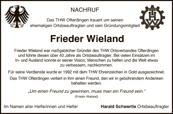 Anzeige von Frieder Wieland von Reutlinger General-Anzeiger
