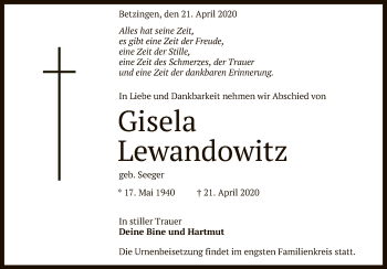 Anzeige von Gisela Lewandowitz von Reutlinger General-Anzeiger