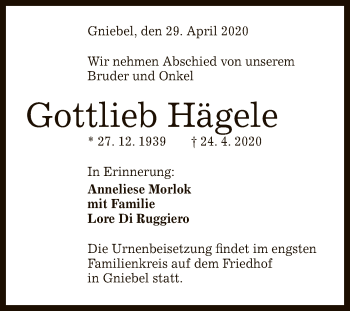 Anzeige von Gottlieb Hägele von Reutlinger General-Anzeiger
