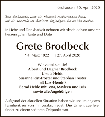 Anzeige von Grete Brodbeck von Reutlinger General-Anzeiger