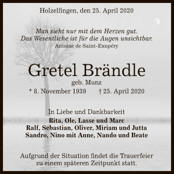 Anzeige von Gretel Brändle von Reutlinger General-Anzeiger