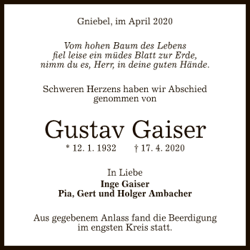 Anzeige von Gustav Gaiser von Reutlinger General-Anzeiger