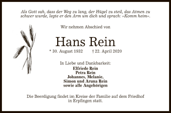 Anzeige von Hans Rein von Reutlinger General-Anzeiger