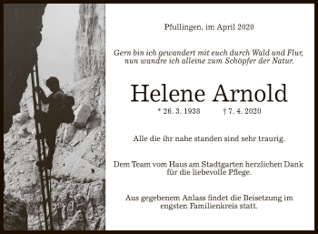 Anzeige von Helene Arnold von Reutlinger General-Anzeiger