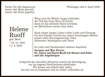 Anzeige von Helene Ruoff von Reutlinger General-Anzeiger