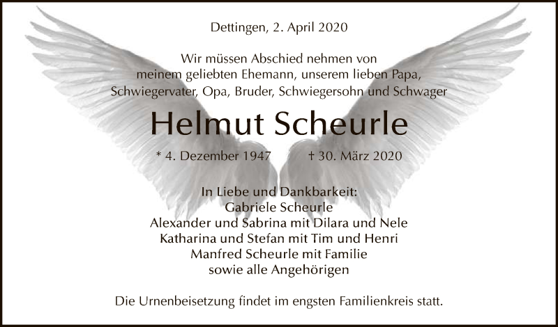  Traueranzeige für Helmut Scheurle vom 02.04.2020 aus Reutlinger General-Anzeiger
