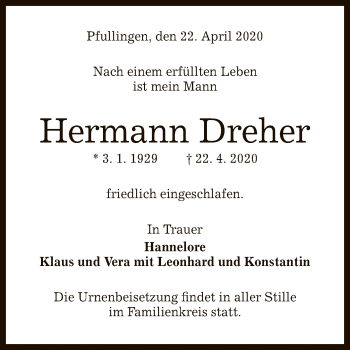 Anzeige von Hermann Dreher von Reutlinger General-Anzeiger