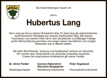 Anzeige von Hubertus Lang von Reutlinger General-Anzeiger