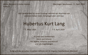 Anzeige von Hubertus Kurt Lang von Reutlinger General-Anzeiger