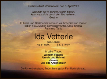Anzeige von Ida Vetterle von Reutlinger General-Anzeiger