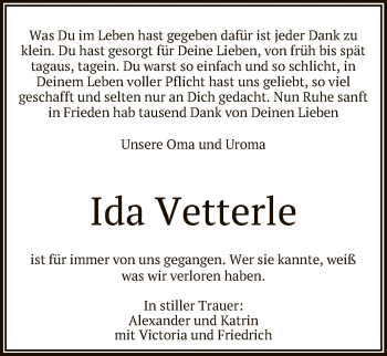 Anzeige von Ida Vetterle von Reutlinger General-Anzeiger