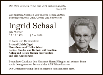 Anzeige von Ingrid Schaal von Reutlinger General-Anzeiger