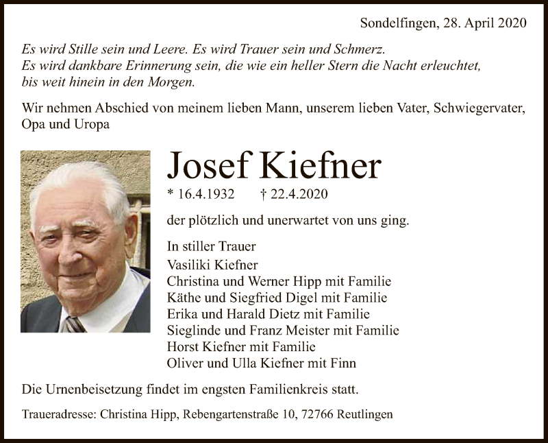  Traueranzeige für Josef Kiefner vom 28.04.2020 aus Reutlinger General-Anzeiger