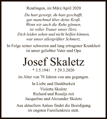Anzeige von Josef Skaletz von Reutlinger General-Anzeiger