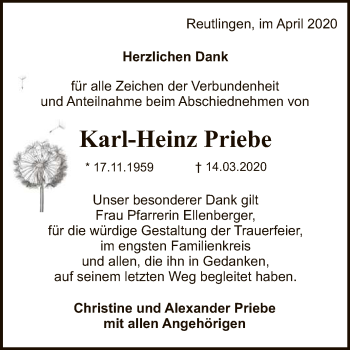 Anzeige von Karl-Heinz Priebe von Reutlinger General-Anzeiger