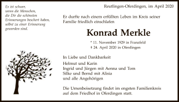 Anzeige von Konrad Merkle von Reutlinger General-Anzeiger