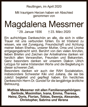 Anzeige von Magdalena Messmer von Reutlinger General-Anzeiger