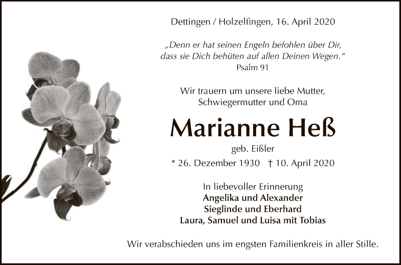  Traueranzeige für Marianne Heß vom 16.04.2020 aus Reutlinger General-Anzeiger