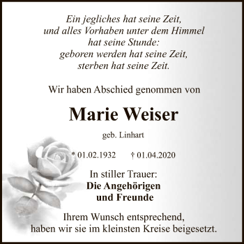 Anzeige von Marie Weiser von Reutlinger General-Anzeiger