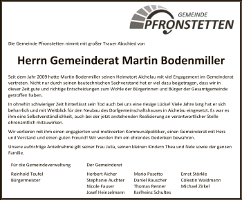 Anzeige von Martin Bodenmiller von Reutlinger General-Anzeiger