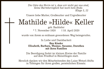 Anzeige von Mathilde Keller von Reutlinger General-Anzeiger