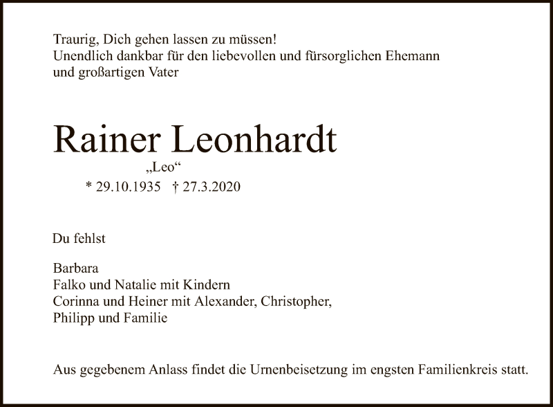  Traueranzeige für Rainer Leonhardt vom 02.04.2020 aus Reutlinger General-Anzeiger