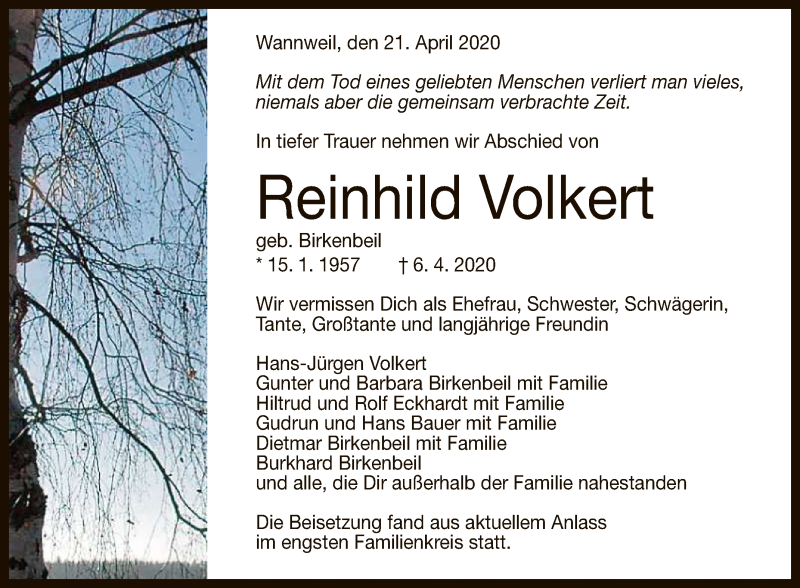  Traueranzeige für Reinhild Volkert vom 22.04.2020 aus Reutlinger General-Anzeiger