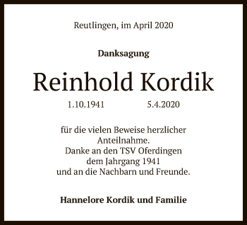 Anzeige von Reinhold Kordik von Reutlinger General-Anzeiger