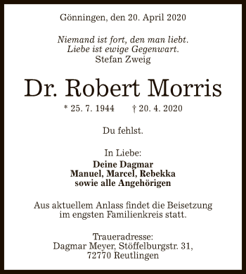 Anzeige von Robert Morris von Reutlinger General-Anzeiger