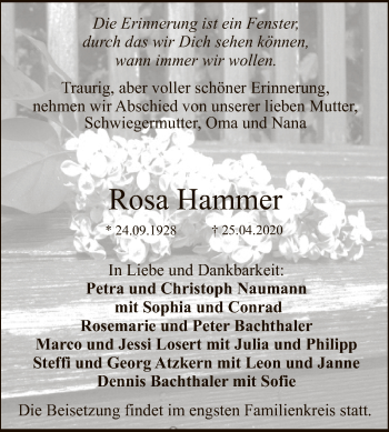 Anzeige von Rosa Hammer von Reutlinger General-Anzeiger