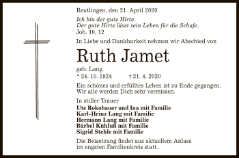 Anzeige von Ruth Jamet von Reutlinger General-Anzeiger