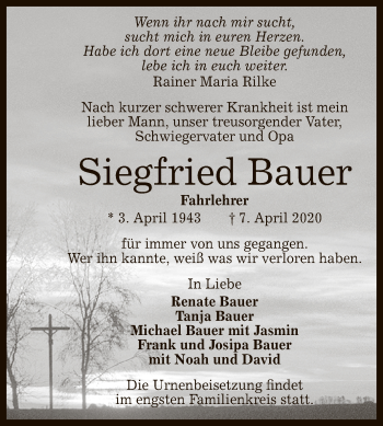 Anzeige von Siegfried Bauer von Reutlinger General-Anzeiger