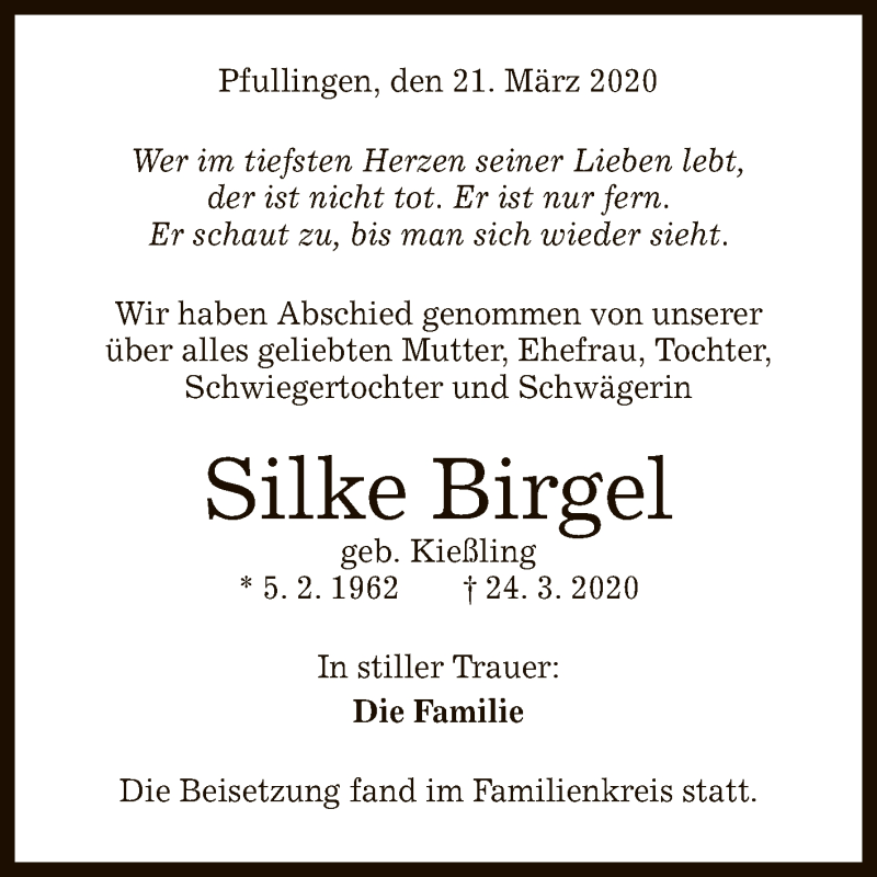  Traueranzeige für Silke Birgel vom 01.04.2020 aus Reutlinger General-Anzeiger