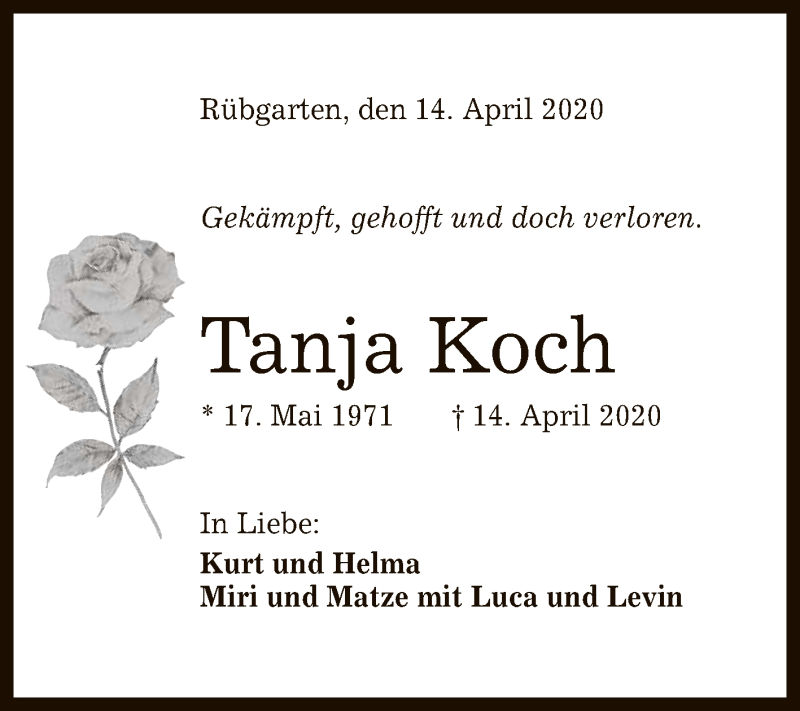  Traueranzeige für Tanja Koch vom 25.04.2020 aus Reutlinger General-Anzeiger