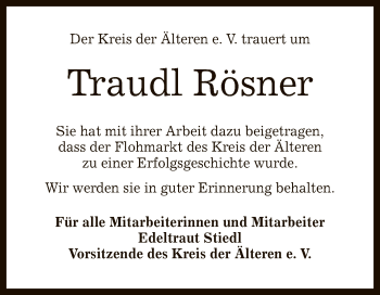 Anzeige von Traudl Rösner von Reutlinger General-Anzeiger