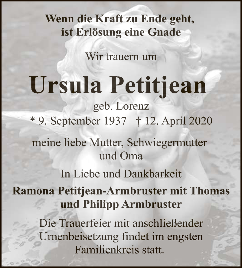  Traueranzeige für Ursula Petitjean vom 18.04.2020 aus Reutlinger General-Anzeiger