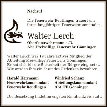 Anzeige von Walter Lerch von Reutlinger General-Anzeiger