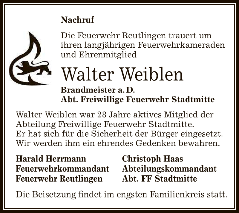  Traueranzeige für Walter Weiblen vom 04.04.2020 aus Reutlinger General-Anzeiger