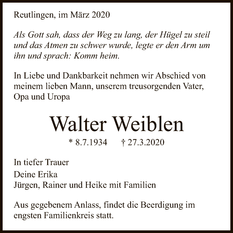  Traueranzeige für Walter Weiblen vom 02.04.2020 aus Reutlinger General-Anzeiger