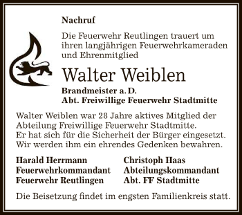 Anzeige von Walter Weiblen von Reutlinger General-Anzeiger