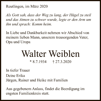 Anzeige von Walter Weiblen von Reutlinger General-Anzeiger