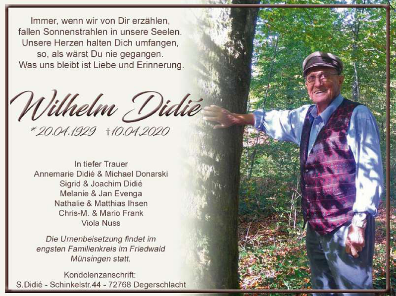  Traueranzeige für Wilhelm Didie vom 15.04.2020 aus Reutlinger General-Anzeiger
