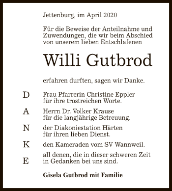 Anzeige von Willi Gutbrod von Reutlinger General-Anzeiger